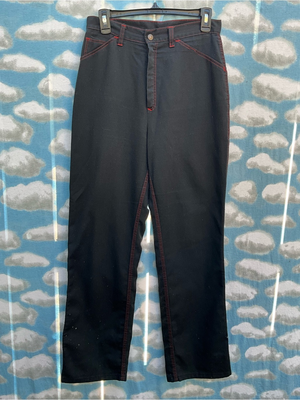 Vintage 70s Sears Jr Bazaar Black Pants Red Contrast Stitch Buckle Back HighRise